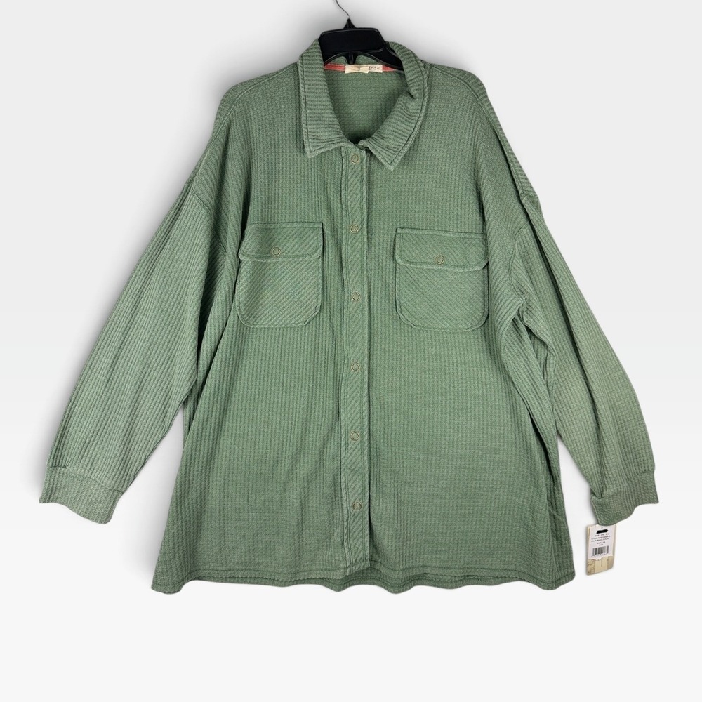 Rewind Waffle Knit Shacket Womens 2X Manolo Olive Button Down Thermal